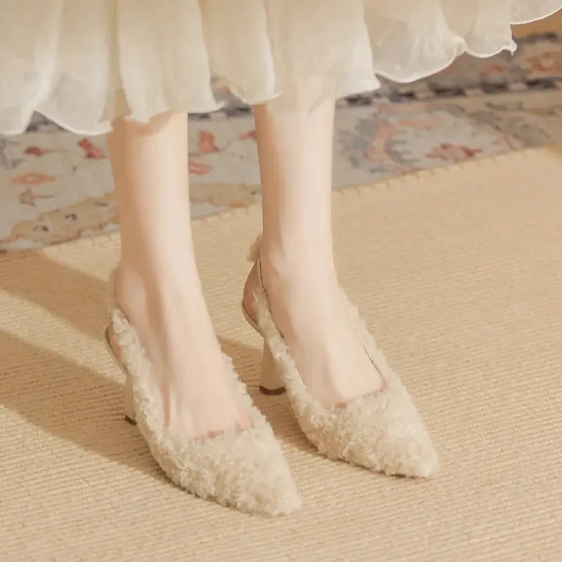 High Heels Hairy High Heels Baotou Back Hollow Fine Heeled High Heeled Single Shoes